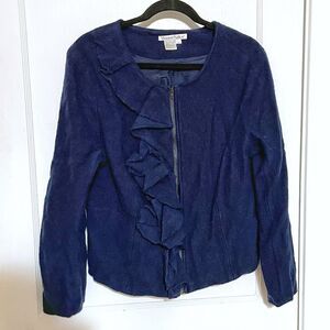 Winter Silks Large Navy Blue Wool Silk Jacket Blazer Ruffle Zipper Career